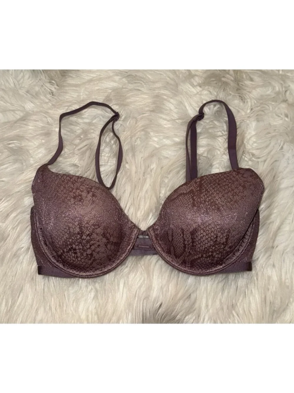 Victorias Secret Lined Demi Bra Lace Snakeskin Print Underwire Womens 32D Purple